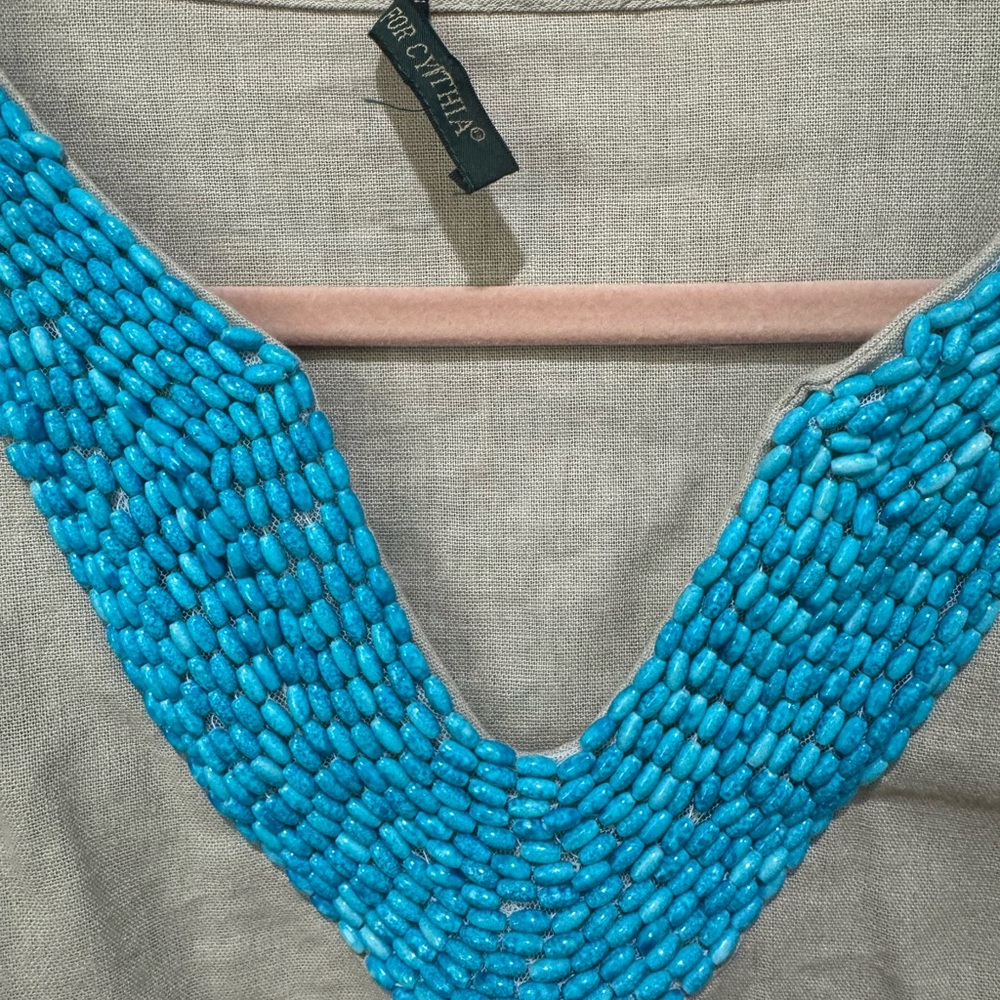 For Cynthia Beige Blouse with Turquoise Beading